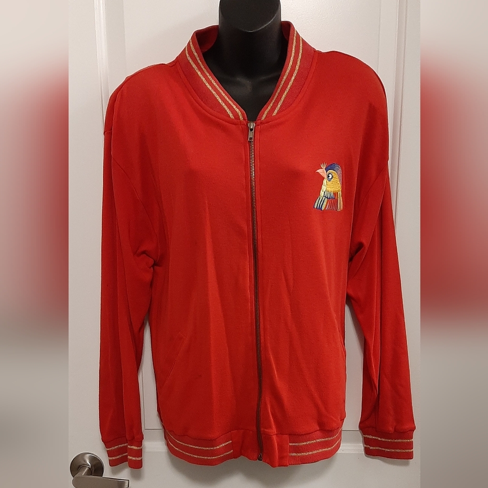 Vintage Compliments Red Long Sleeve Zip Jacket Women's Medium Embroidered Birds